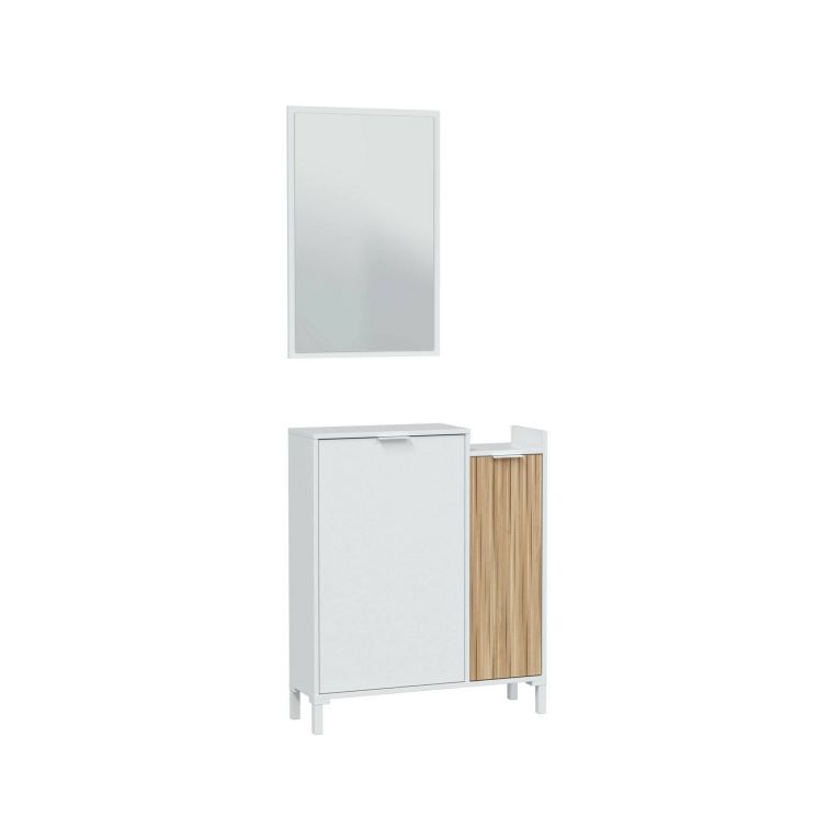 Mobile da ingresso Williamsport, Entratina a 2 ante, Armadio con specchio, Portaoggetti multifunzione, 77x24h91 cm, Bianco e Rovere