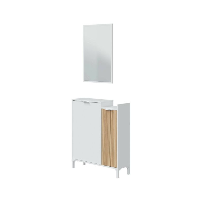 Mobile da ingresso Williamsport, Entratina a 2 ante, Armadio con specchio, Portaoggetti multifunzione, 77x24h91 cm, Bianco e Rovere