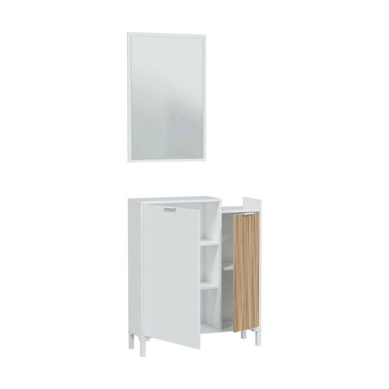 Mobile da ingresso Williamsport, Entratina a 2 ante, Armadio con specchio, Portaoggetti multifunzione, 77x24h91 cm, Bianco e Rovere