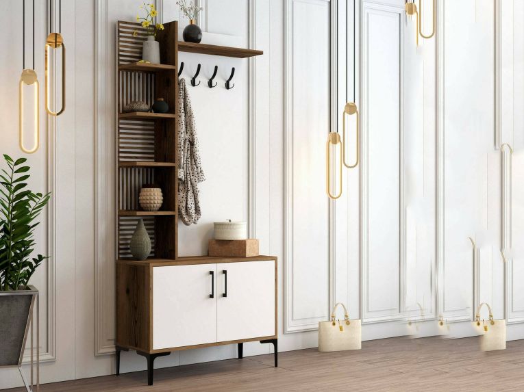 Mobile ingresso 2 ante legno e metallo noce e bianco 90x200h cm - Anja