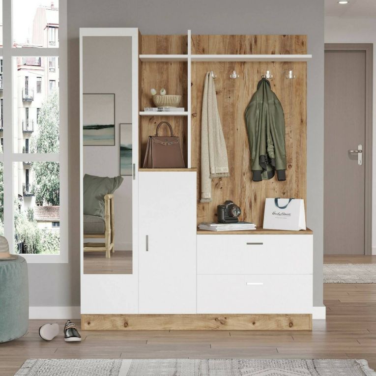 Mobile ingresso appendiabiti quercia e bianco 140x181h cm - Anumali