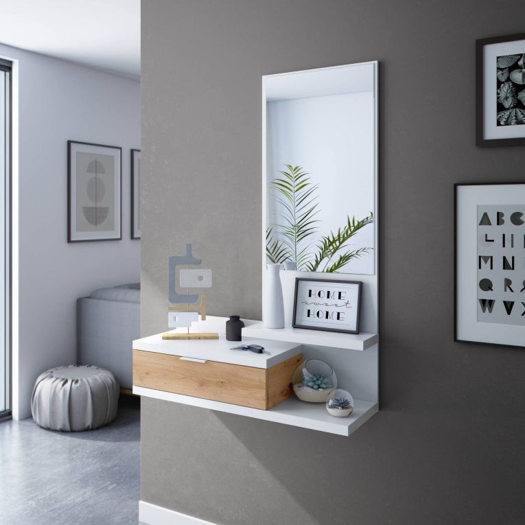 Mobile ingresso sospeso con cassetto bianco e rovere nodi 81x116h cm - Adina