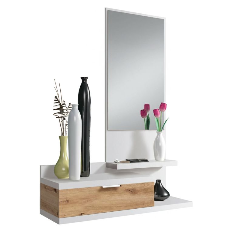 Mobile ingresso sospeso con cassetto bianco e rovere nodi 81x116h cm - Adina