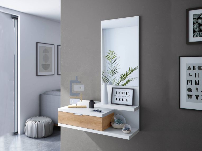Mobile ingresso sospeso con cassetto bianco e rovere nodi 81x116h cm - Adina