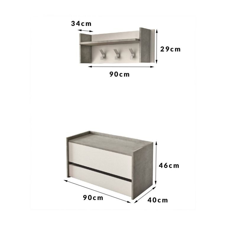 Mobile ingresso sospeso con cassetto cemento e bianco 90x46h cm - Actinolite