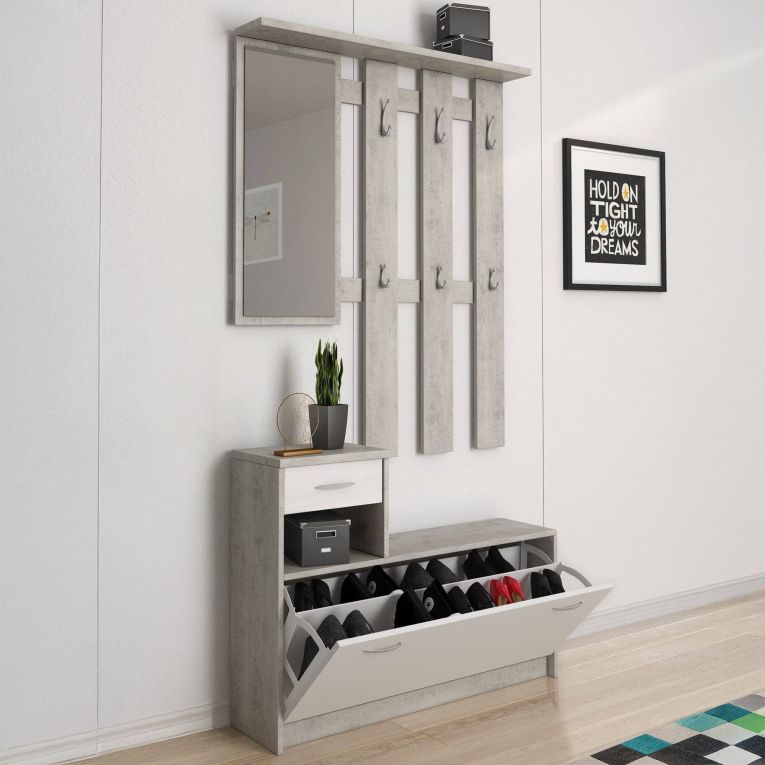 Mobile ingresso sospeso con scarpiera bianco e cemento 100x190h cm - Garolfo