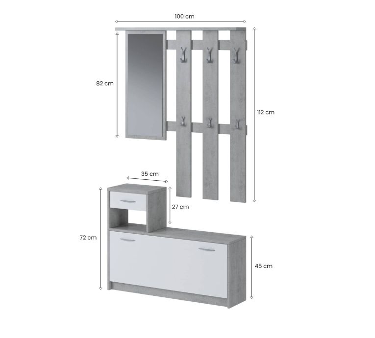 Mobile ingresso sospeso con scarpiera bianco e cemento 100x190h cm - Garolfo