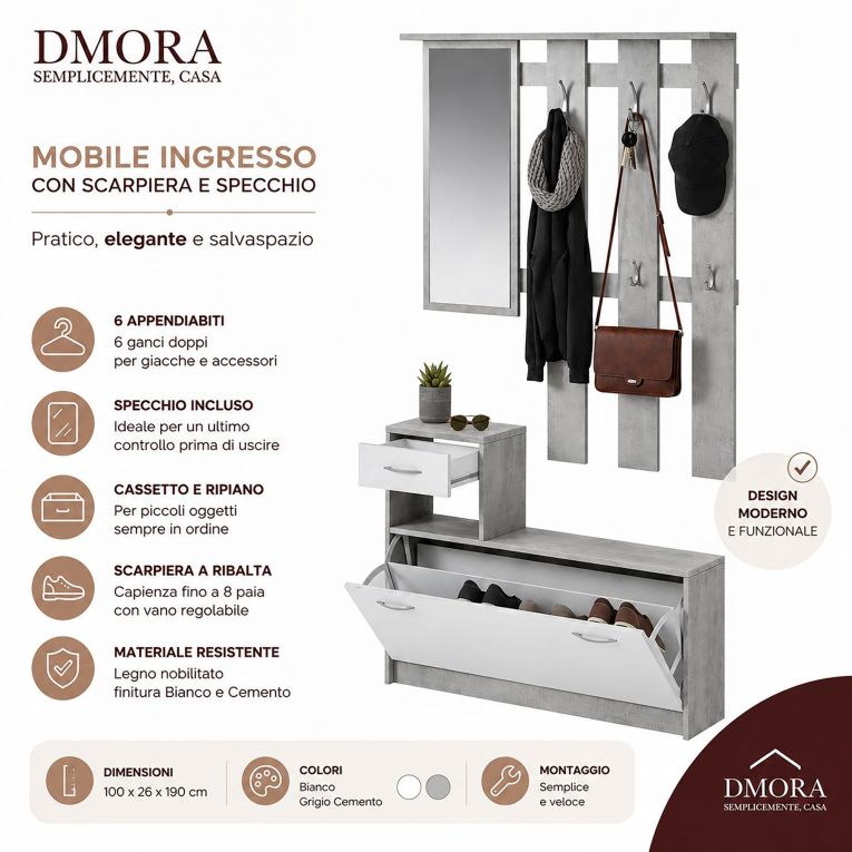 Mobile ingresso sospeso con scarpiera bianco e cemento 100x190h cm - Garolfo