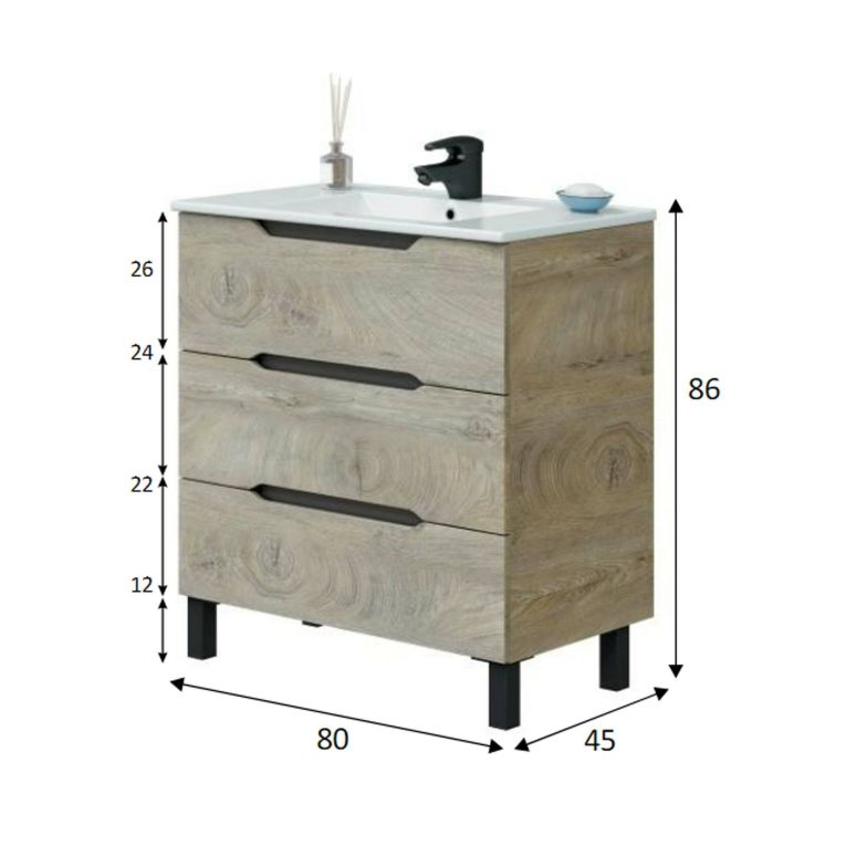 Mobile lavabo 3 cassetti 80x45x86h cm antracite e rovere - Dianmu