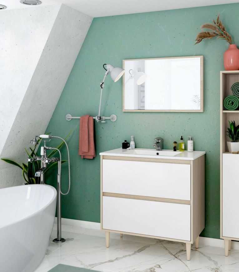 Mobile lavabo con specchio 80x45x80h cm bianco lucido e rovere - Berillo