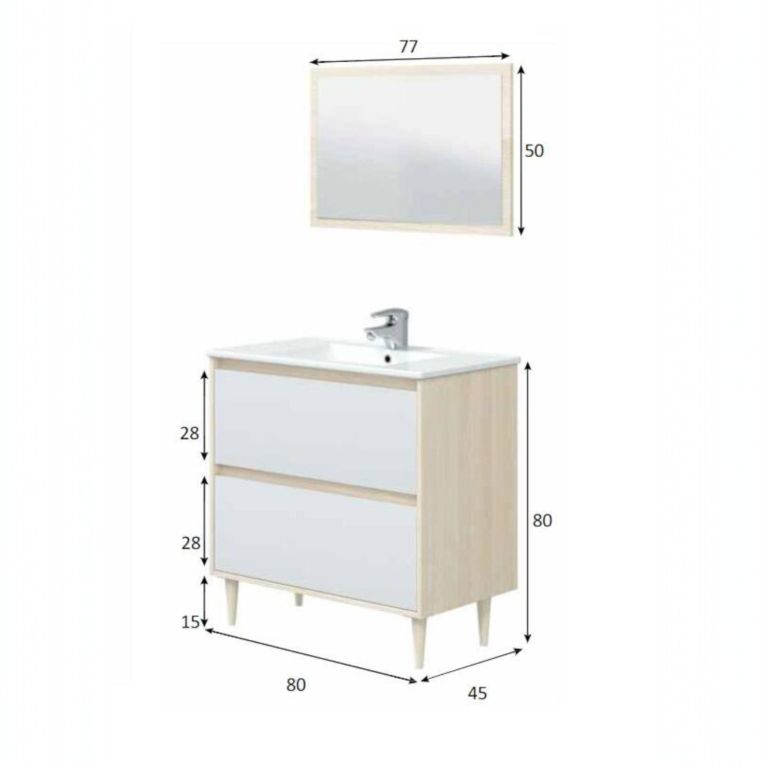 Mobile lavabo con specchio 80x45x80h cm bianco lucido e rovere - Berillo