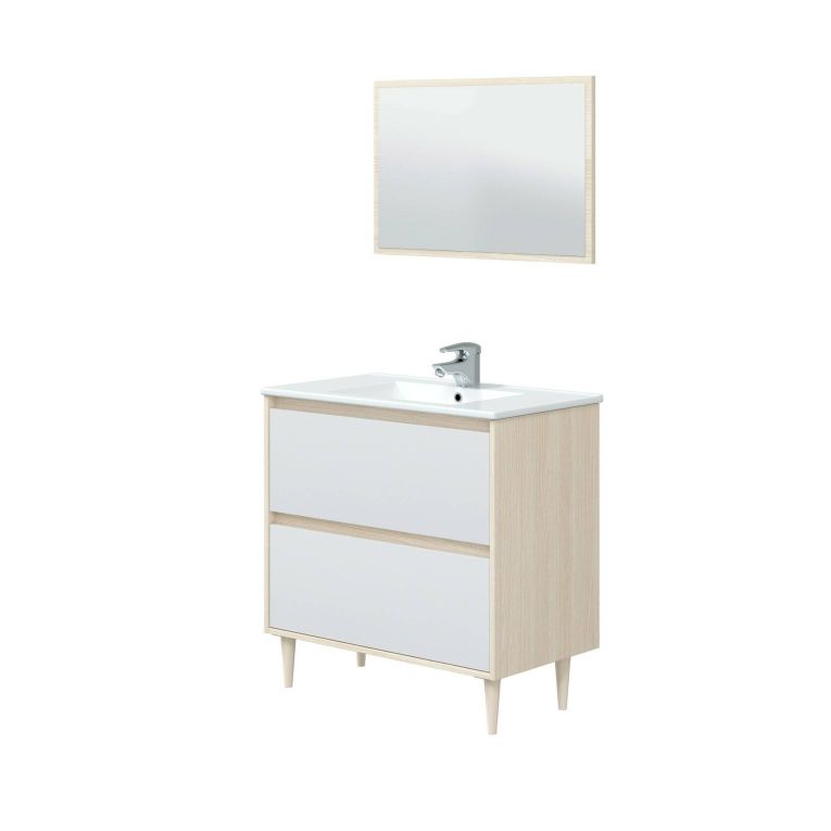 Mobile lavabo con specchio 80x45x80h cm bianco lucido e rovere - Berillo