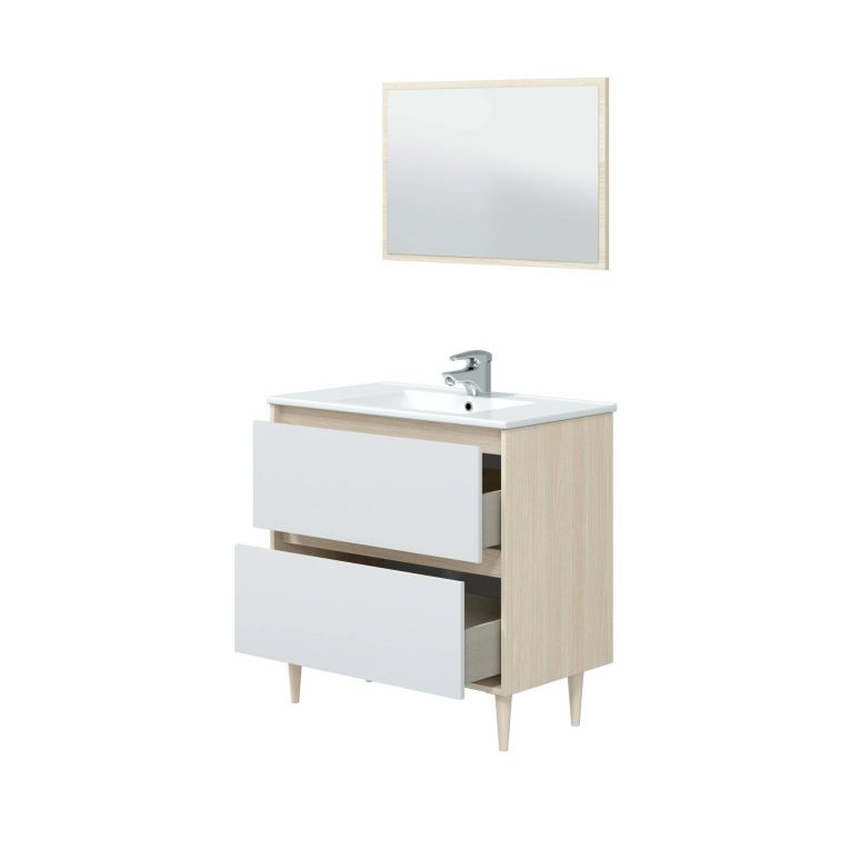 Mobile lavabo con specchio 80x45x80h cm bianco lucido e rovere - Berillo