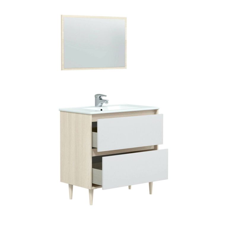 Mobile lavabo con specchio 80x45x80h cm bianco lucido e rovere - Berillo