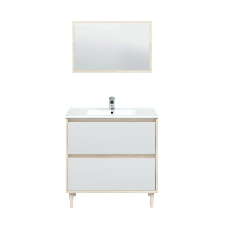 Mobile lavabo con specchio 80x45x80h cm bianco lucido e rovere - Berillo