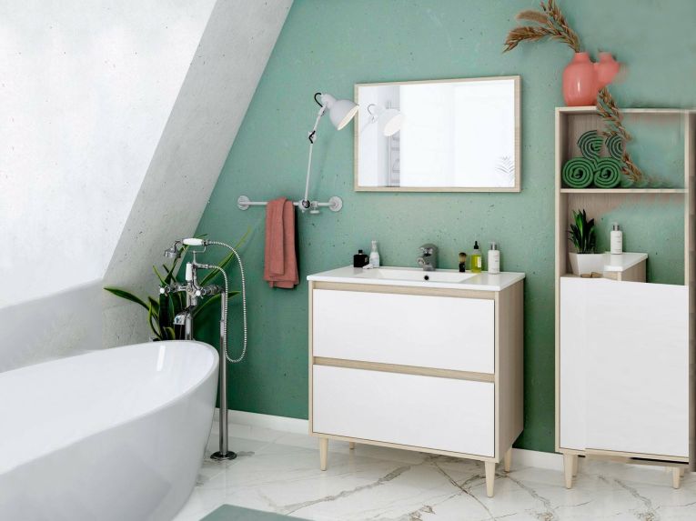 Mobile lavabo con specchio 80x45x80h cm bianco lucido e rovere - Berillo