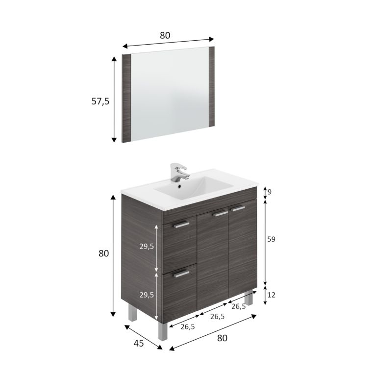 Mobile lavandino 2 cassetti 80x80x45h cm grigio cenere - Aracth