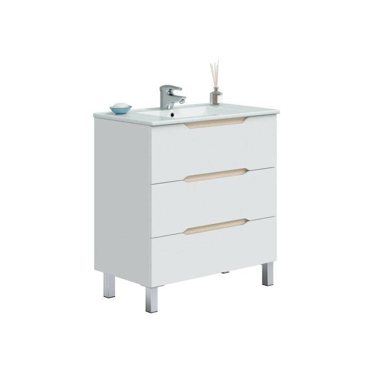 Mobile lavandino 3 cassetti 80x45x86h cm bianco lucido e rovere - Dianmu