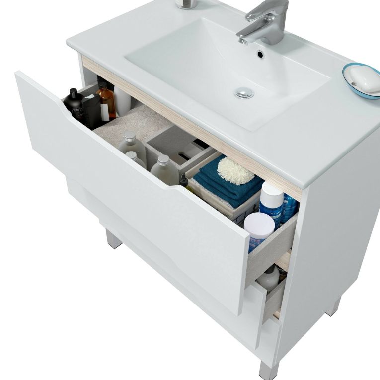 Mobile lavandino 3 cassetti 80x45x86h cm bianco lucido e rovere - Dianmu