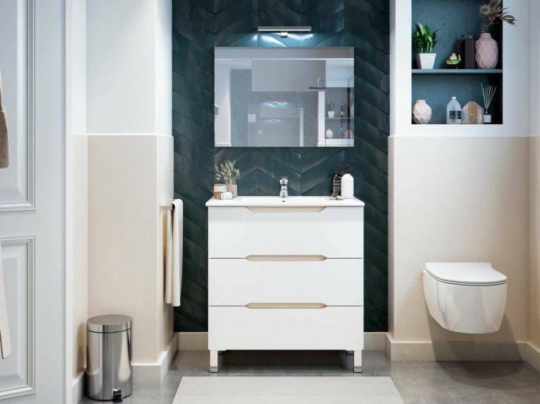 Mobile lavandino 3 cassetti 80x45x86h cm bianco lucido e rovere - Dianmu