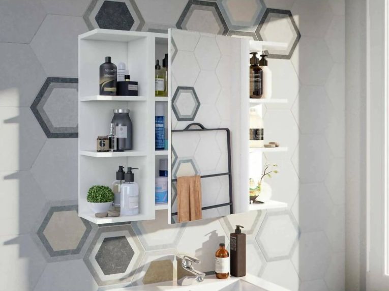 Mobile Pensile Bagno Lafayette, Mobile colonna per bagno, Armadietto sospeso, Bianco lucido, 40x21h65 - 1 anta cm