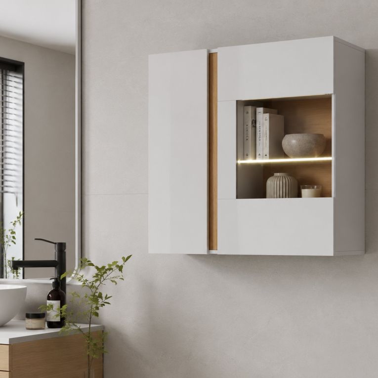 Mobile Pensile Bianco Marrone Rovere 2 Ripiani 2 Ante 96x83h cm, con led - Kava