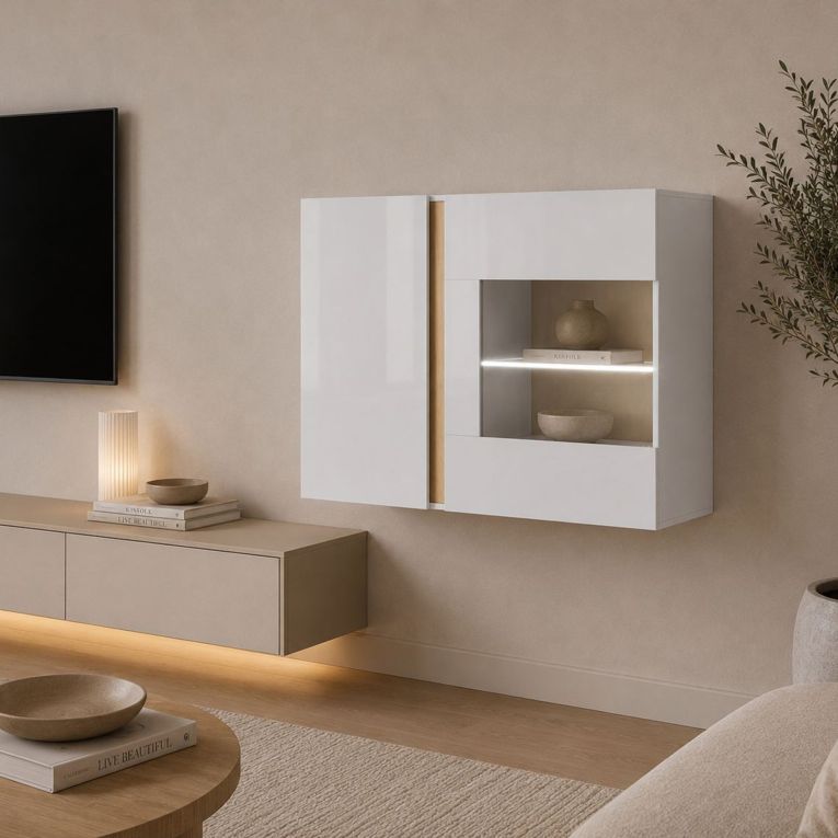 Mobile Pensile Bianco Marrone Rovere 2 Ripiani 2 Ante 96x83h cm, con led - Kava