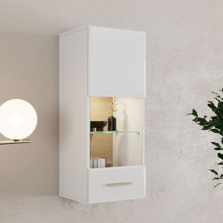 Mobile Pensile Bianco Opaco Marrone Rovere 2 Ripiani Un'anta 39x96h cm, Anta e Ripiano Dettaglio Vetro - Gonnes