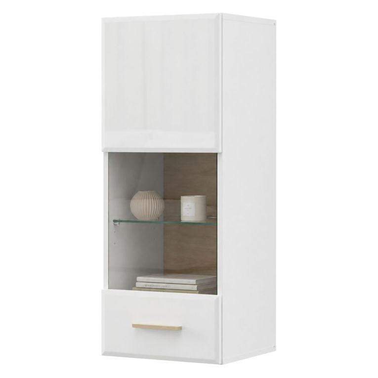 Mobile Pensile Bianco Opaco Marrone Rovere 2 Ripiani Un'anta 39x96h cm, Anta e Ripiano Dettaglio Vetro - Gonnes