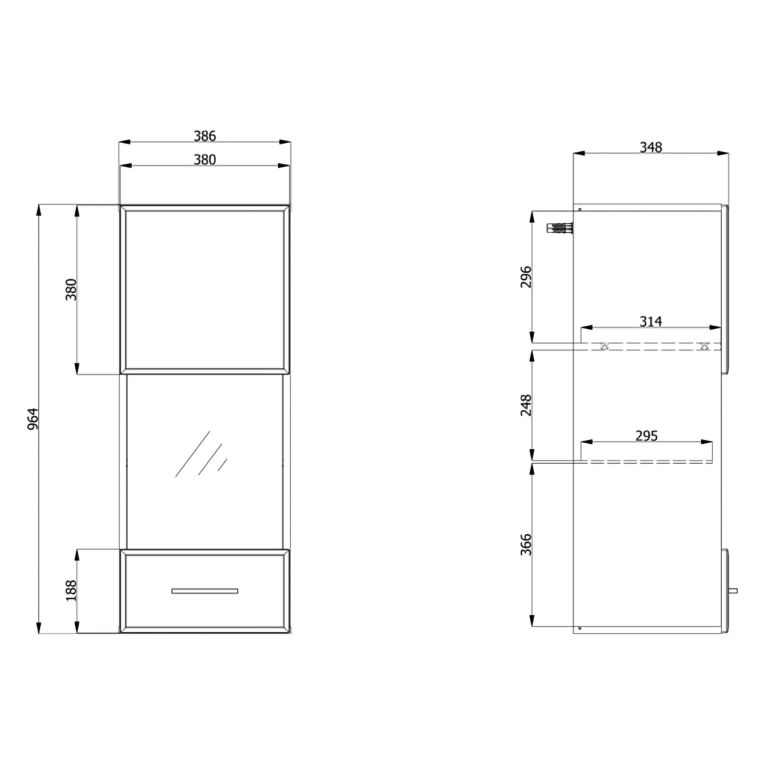 Mobile Pensile Bianco Opaco Marrone Rovere 2 Ripiani Un'anta 39x96h cm, Anta e Ripiano Dettaglio Vetro - Gonnes