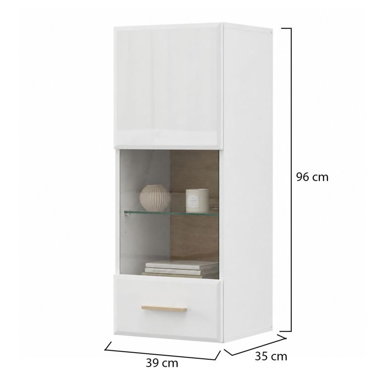 Mobile Pensile Bianco Opaco Marrone Rovere 2 Ripiani Un'anta 39x96h cm, Anta e Ripiano Dettaglio Vetro - Gonnes