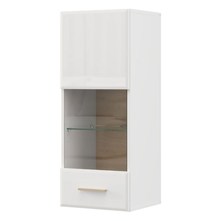 Mobile Pensile Bianco Opaco Marrone Rovere 2 Ripiani Un'anta 39x96h cm, Anta e Ripiano Dettaglio Vetro - Gonnes
