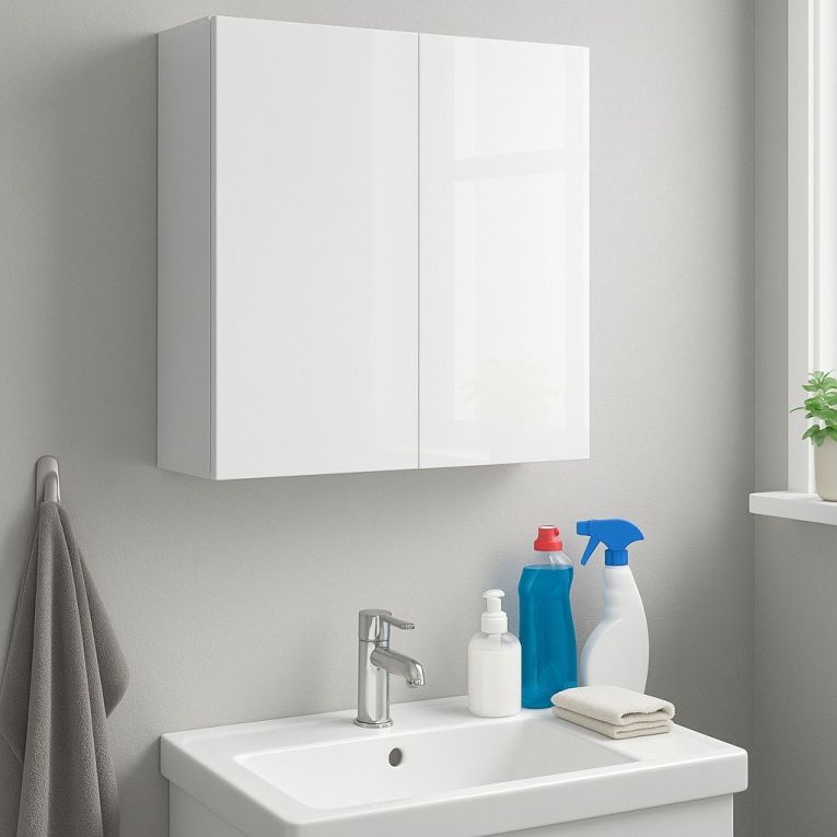 Mobile pensile Connell, Armadietto sospeso, Mobiletto a muro, Armadio ausiliario multifunzione, 60x16 h60 cm, Bianco lucido