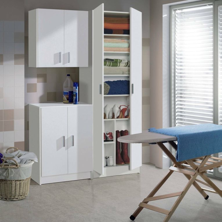 Mobile pensile Detroit, Armadio ausiliare a 2 ante, Armadietto multiuso da bagno o lavanderia, 59x27h60 cm, Bianco