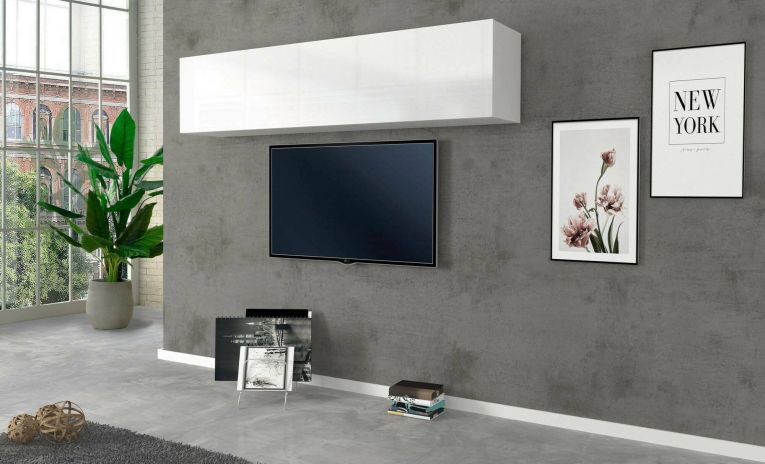 Mobile pensile Luca, Armadio multiuso, Mobiletto a muro, 100% Made in Italy, cm 180x30h40, Bianco lucido