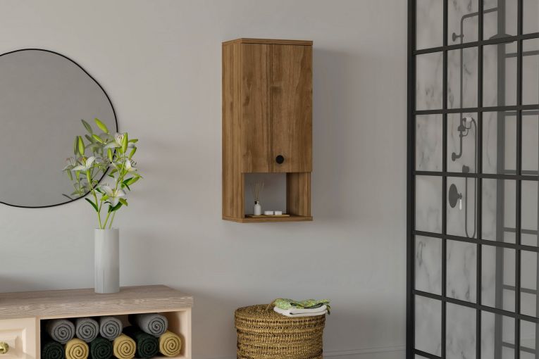 Mobile Pensile Marrone Noce 2 Ripiani Un'anta 30x71h cm, 3 Vani - Tarano