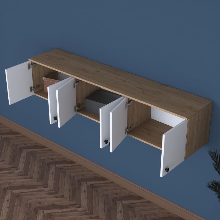 Mobile Pensile Marrone Rovere Bianco 6 Ante 3 Vani 180x44h cm, Apertura Battente - Jelsi