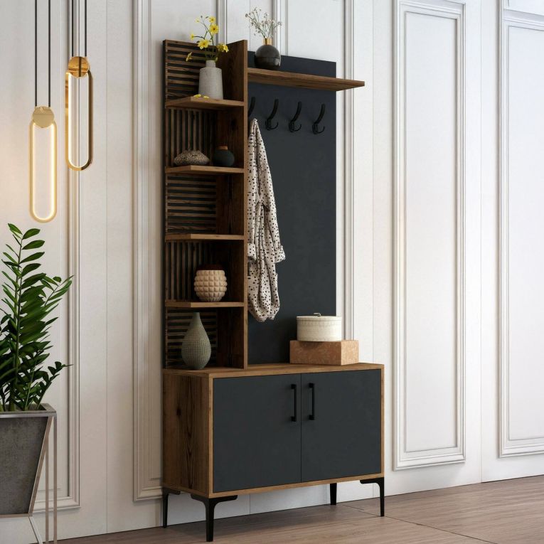 Mobile per ingresso 2 ante legno e metallo noce e antracite 90x200h cm - Anja
