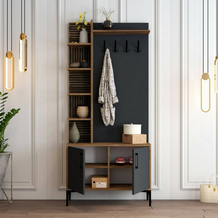 Mobile per ingresso 2 ante legno e metallo noce e antracite 90x200h cm - Anja