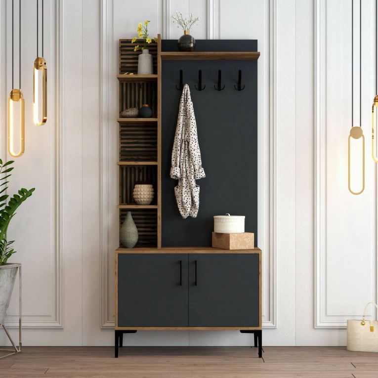 Mobile per ingresso 2 ante legno e metallo noce e antracite 90x200h cm - Anja
