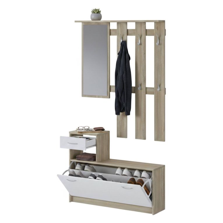 Mobile per ingresso sospeso con scarpiera bianco e rovere 100x190h cm - Garolfo