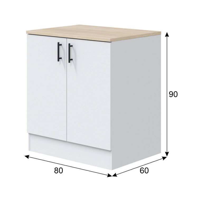Mobile per lavello 2 ante Deruta, Base sottolavello, Mobile lavello con ante, Struttura base per lavello, 80x60 h90 cm, Bianco e Rovere