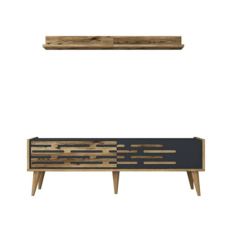 Mobile porta TV Achernar, Supporto per televisione da salotto, Credenza bassa da soggiorno, Base porta TV, 140x45h35 cm, Noce e Antracite
