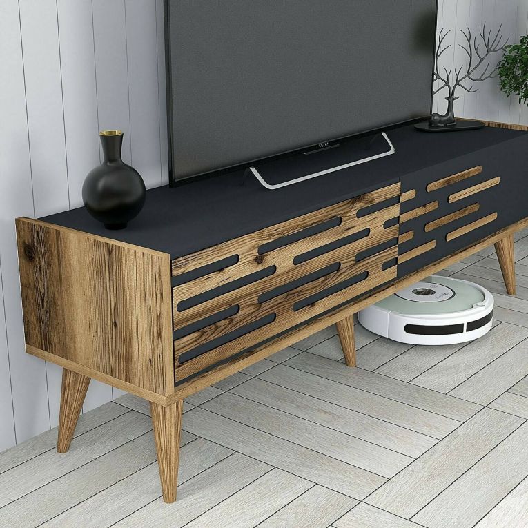 Mobile porta TV Achernar, Supporto per televisione da salotto, Credenza bassa da soggiorno, Base porta TV, 140x45h35 cm, Noce e Antracite
