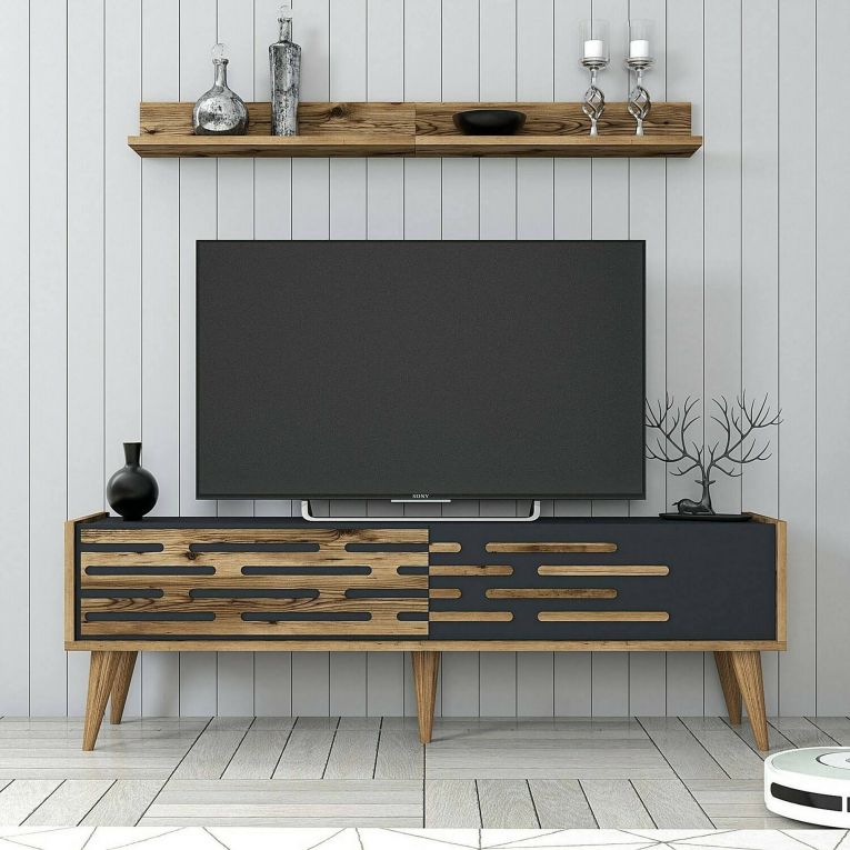 Mobile porta TV Achernar, Supporto per televisione da salotto, Credenza bassa da soggiorno, Base porta TV, 140x45h35 cm, Noce e Antracite