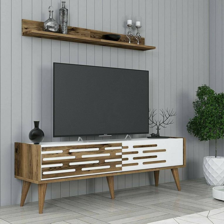 Mobile porta TV Achernar, Supporto per televisione da salotto, Credenza bassa da soggiorno, Base porta TV, 140x45h35 cm, Noce e Bianco