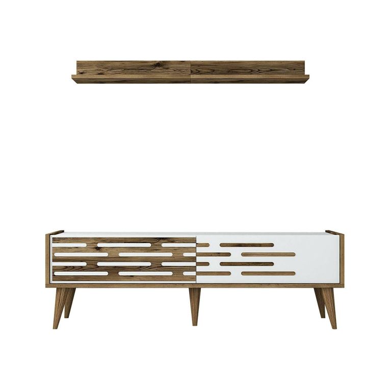 Mobile porta TV Achernar, Supporto per televisione da salotto, Credenza bassa da soggiorno, Base porta TV, 140x45h35 cm, Noce e Bianco