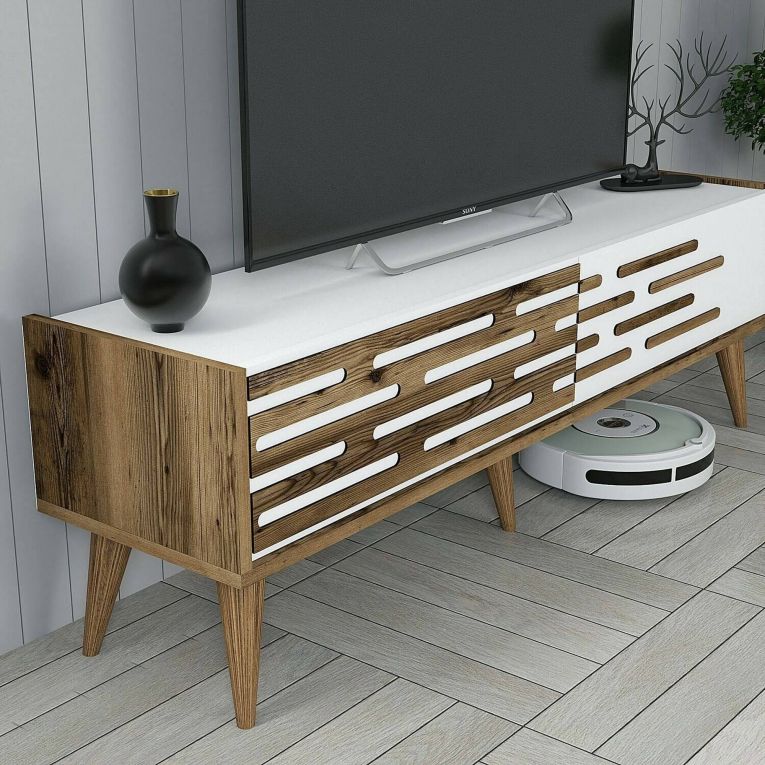 Mobile porta TV Achernar, Supporto per televisione da salotto, Credenza bassa da soggiorno, Base porta TV, 140x45h35 cm, Noce e Bianco