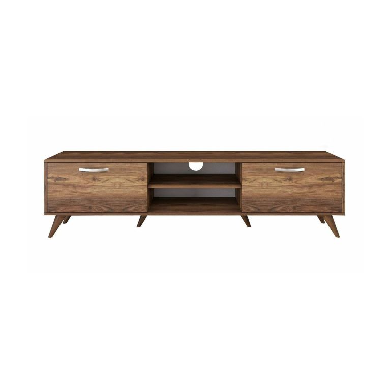 Mobile porta TV Aldh, Supporto per televisione da salotto, Credenza bassa da soggiorno, Base porta TV, 180x35h49 cm, Noce