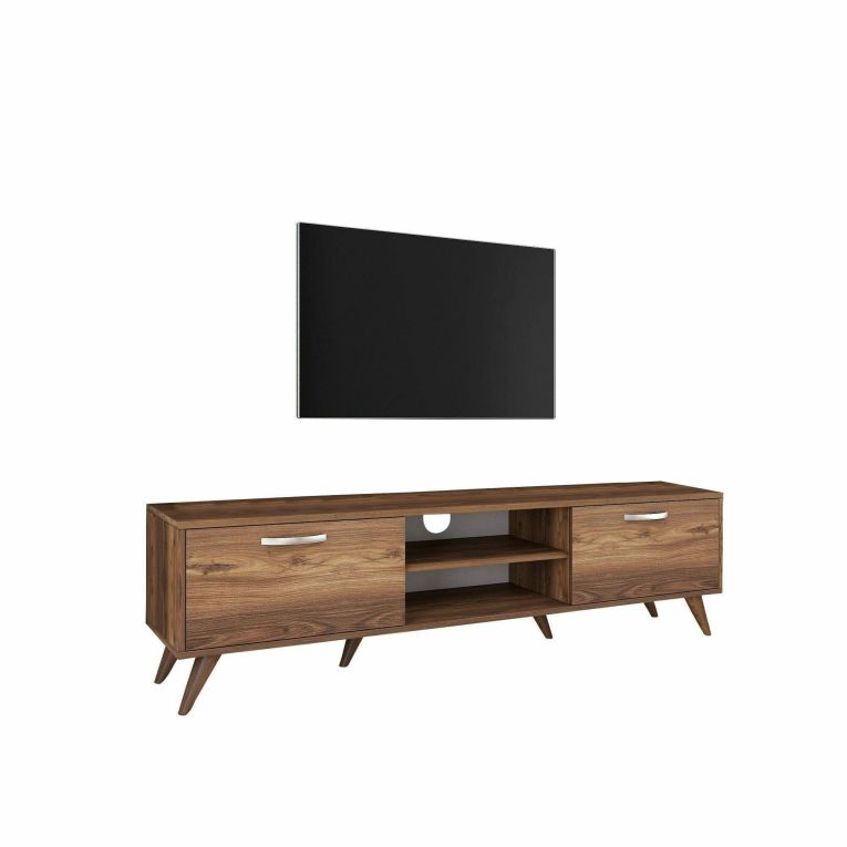 Mobile porta TV Aldh, Supporto per televisione da salotto, Credenza bassa da soggiorno, Base porta TV, 180x35h49 cm, Noce